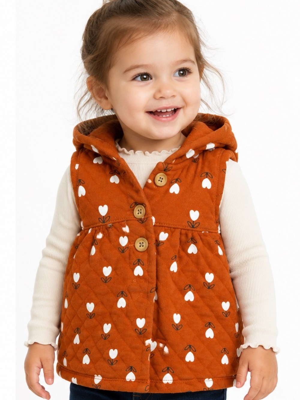 Carter’s Baby Girls 12M Quilted Hooded Vest Rust Orange Floral Button Front Fall